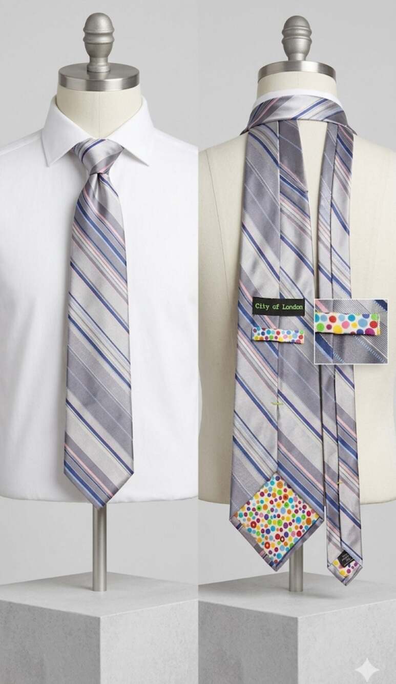 City of London Men's Silk Necktie Grey Striped with Polka Dot Lining
